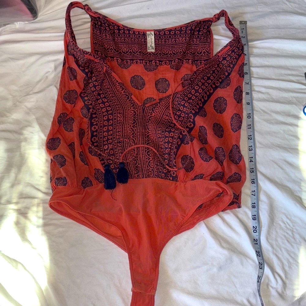 Free People Terracotta and Black Patterned Bodysuit